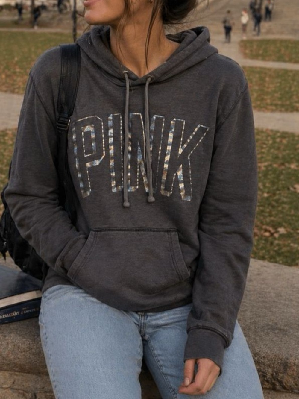 PINK Victoria's Secret Charcoal Gray Holographic Logo Pullover Hoodie